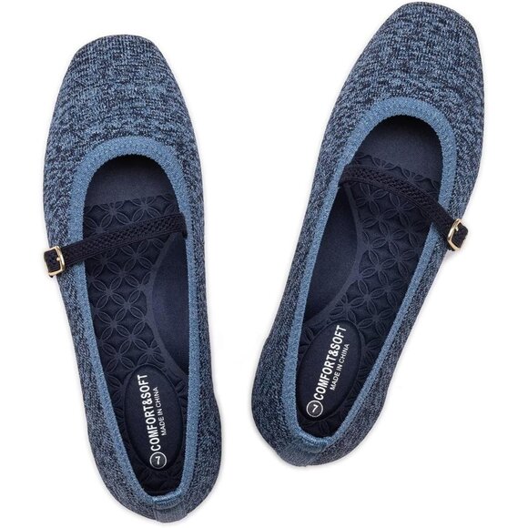 Frank Mully Mary Jane Women Blueb Mesh Slip on Square-Toe Ankle Strap Flat Shoes - Picture 1 of 7